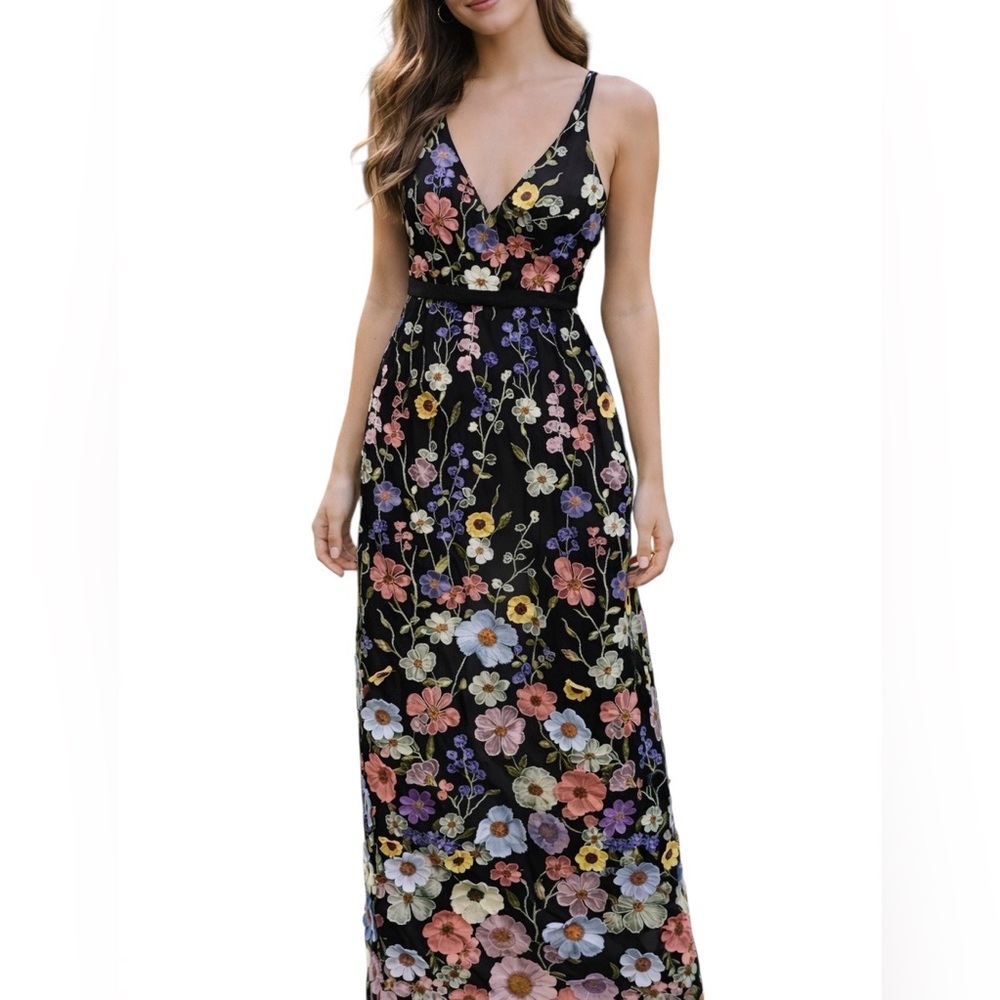 Azazie Atelier embroidered 3D mesh black Floral maxi dress - Picture 1 of 13